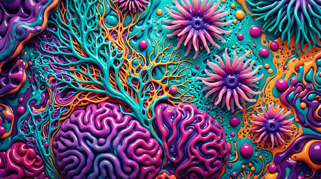 Abstract brain and coral-like structures in vibrant psychedelic colors surreal
