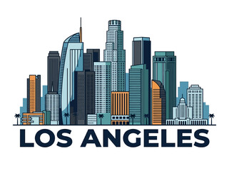 Obraz premium Los Angeles City Skyline Vector Illustration: Iconic Urban Landscape with Modern Skyscrapers and Downtown Architecture in Stencil Style