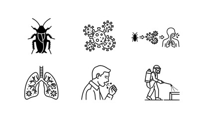 Obraz premium Pest control and respiratory health vector icon set, cockroach transmission of virus, lung infection, coughing man and professional exterminator spraying pesticide