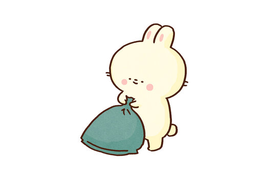 Rabbit holding a large garbage bag with both hands and throwing it away, cleaning or decluttering concept