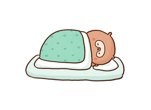 Raccoon dog pretending to be asleep in bed with one eye open, feigning sleep idiom or sneaky behavior concept