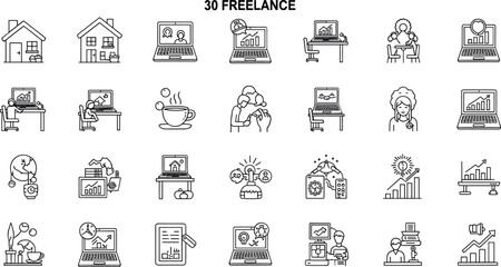 Fototapeta premium Freelance Work Icon Set With Home Office Laptop Client Meeting Analytics And Remote Business Vector Illustration