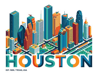 Fototapeta premium Modern isometric illustration of the Houston city skyline, with skyscrapers, roads, and public transport in Texas, USA.