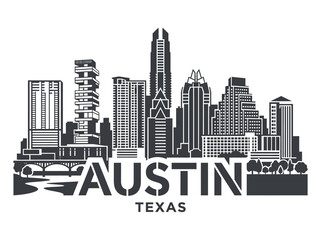 Obraz premium Graphic silhouette illustration of the vibrant Austin, Texas city skyline showcasing diverse modern architectural buildings