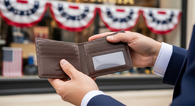A person in a suit holds an open, empty brown leather wallet in front of a storefront decorated with patriotic bunting, symbolizing financial struggles.