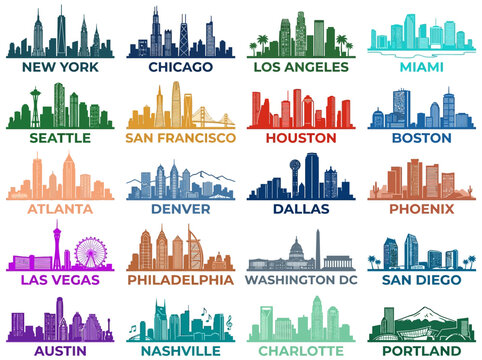 Showcasing iconic American city skylines in a vibrant collection of vector stencil illustrations, depicting major urban landscapes.