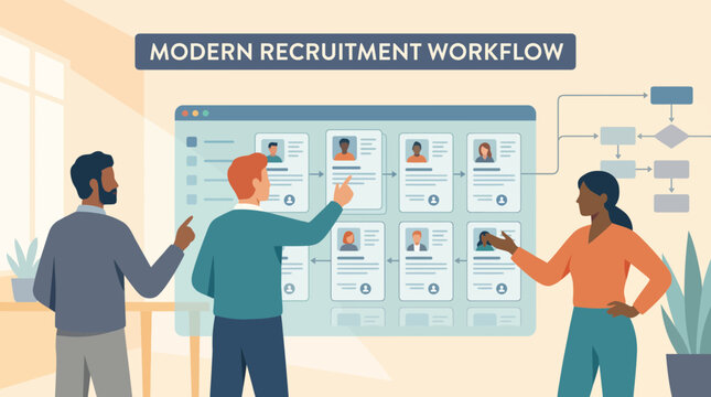 Flat vector illustration of a modern recruitment workflow showing candidate screening, talent acquisition, HR management, hiring decisions, and recruitment process optimization.