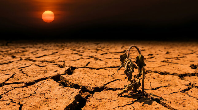 Withered Plant on Cracked Drought Stricken Soil Under Extreme Heat and Climate Change Conditions
