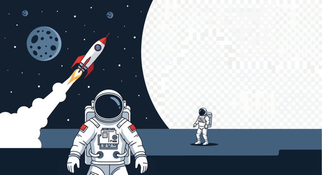 Astronauts and rocket in outer space with planets and stars.