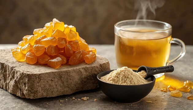 Golden boswellia serrata resin crystals on a stone block with herbal extract powder and a glass cup of steaming hot tea.