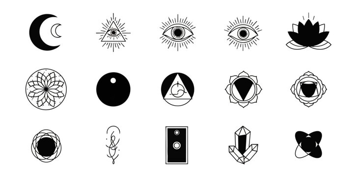 Abstract minimalist symbols collection with moon eye triangle flower shapes on black background