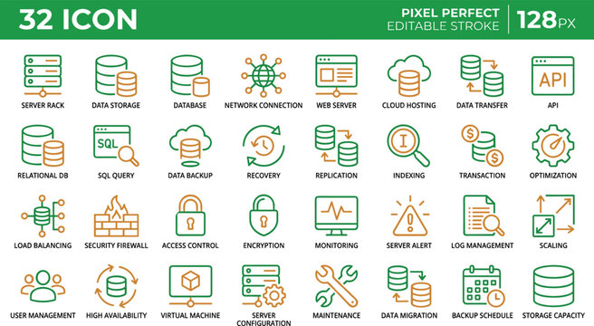 Minimalist server, database, and cloud computing icon set, flat line vector illustrations for IT, technology, and web applications