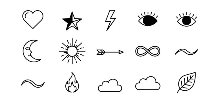 Minimalist icon set heart star bolt moon arrow clouds leaf