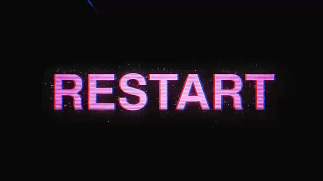 Digital glitch animation of pink restart text with energetic burst