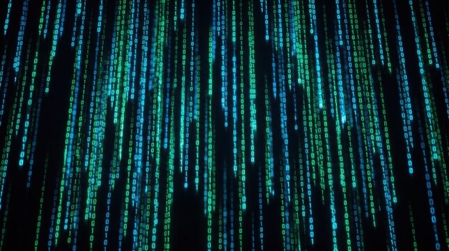 Green digital matrix code falling on dark background