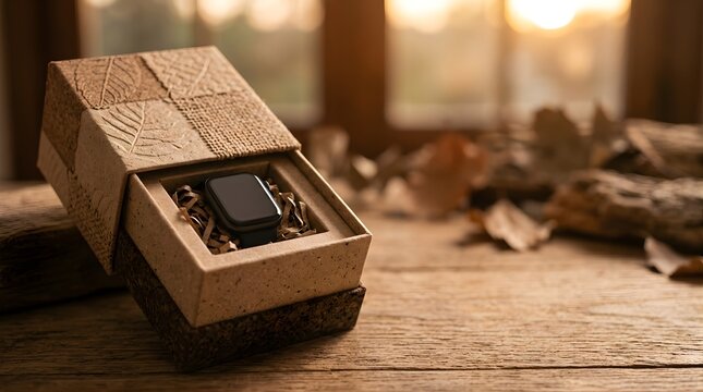 Smartwatch inside sustainable organic material box on a wooden table