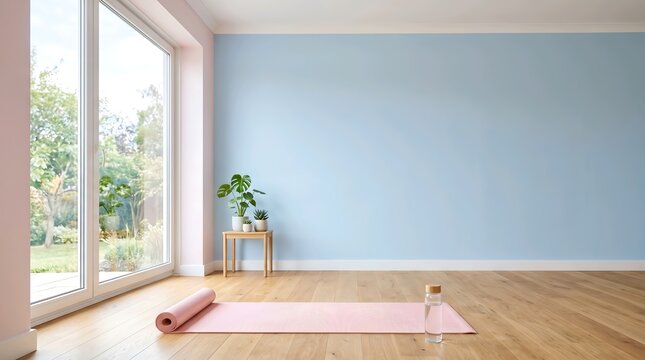 Ready for mindful practice A serene home yoga space with a pink mat, water bottle, and plant by a large window, perfect for daily exercise and relaxation