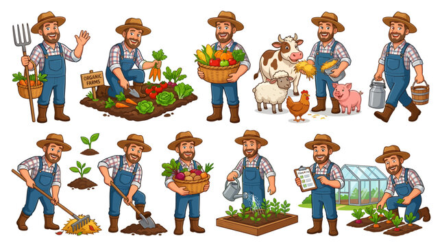 riendly farmer mascot collection featuring harvesting, gardening, livestock care and organic agriculture activities in a colorful cartoon vector style.