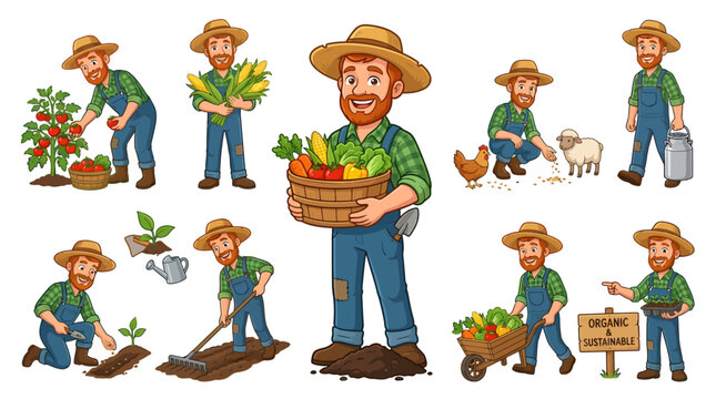 riendly farmer mascot collection featuring harvesting, gardening, livestock care and organic agriculture activities in a colorful cartoon vector style.