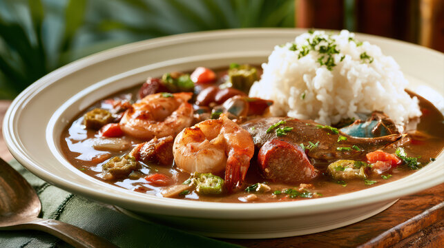 dynamic seafood gumbo with rich dark roux