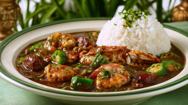 dynamic seafood gumbo with rich dark roux