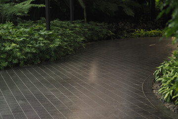 Naklejka premium Curved path in a garden with lush green plants