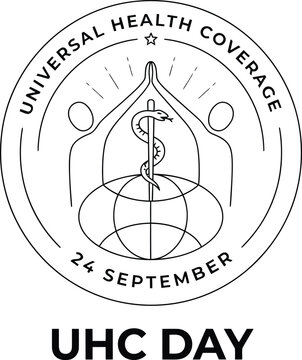 Universal health coverage day uhc emblem with globe caduceus and abstract human figures coverage caduceus