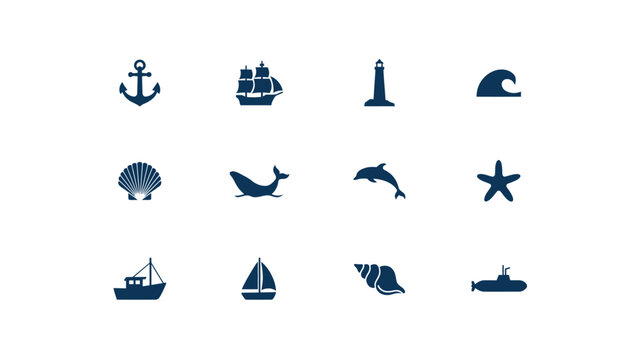 Nautical symbols anchor ship lighthouse wave shell whale dolphin starfish boat.