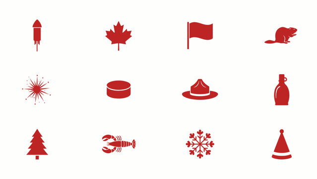 Canada day celebration red icon set with maple leaf beaver and hockey symbols for holiday.