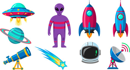 Outer Space Exploration and Sci-Fi Icon Set Featuring UFO Spaceship, Purple Alien Character, Rocket Ships, Astronaut Helmet, Telescope, and Comet Vector Graphics © monoara