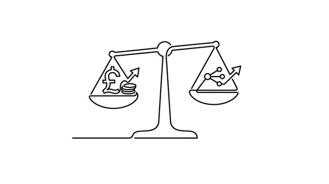 Balance scale with currency and data symbols line art.