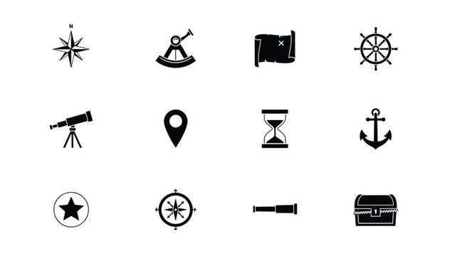 Nautical adventure and travel icons: compass rose telescope map anchor ship wheel.
