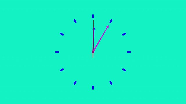 Minimalist simple clock animation featuring a spinning magenta hand moving counter-clockwise against a bright cyan background with blue hour markers and static blue and red hands