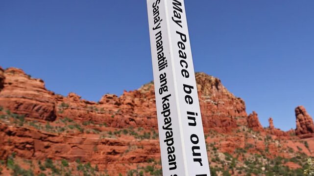 Sedona Red Rock Landscape With Prayer Pole and Blue Sky View