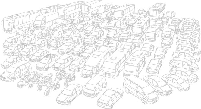 Large parking lot with various vehicles