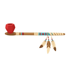 Naklejka premium Traditional Native American Ceremonial Peace Pipe Vector Illustration with Red Stone Bowl, Decorated Wooden Stem, Leather Wraps, Tribal Patterns, and Hanging Feathers on White