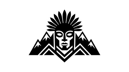 Warrior head wearing a traditional feathered headdress stands prominently in front of sharp mountain peaks. © berkah