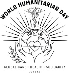 Fototapeta premium World humanitarian day logo with globe hands heart caduceus and solidarity message humanitarian solidarity