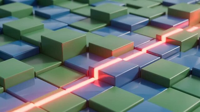 Abstract 3D Animation of Glowing Energy Line Moving Through Green and Blue Cube Grid
