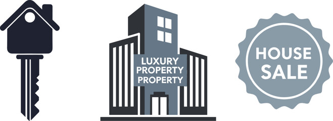 Real Estate and Luxury Property Sale Icon Set Featuring House Key, High Rise Building Apartment Tower, and Promo Badge Vector Graphics © monoara