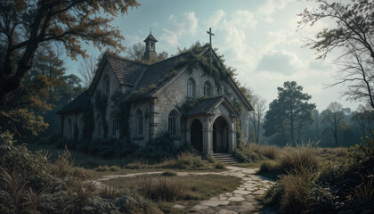 Obraz premium Exploring an abandoned gothic church forested landscape photography atmospheric wide angle mystery