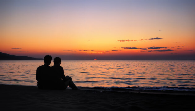 Couple watching sunset beach romantic scene serene environment tranquil viewpoint love concept