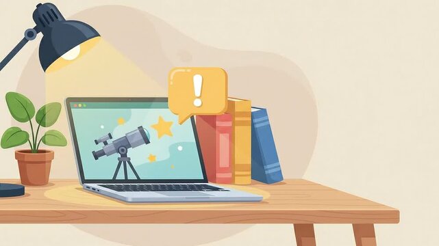 Laptop on a Desk with Astronomy Video Lamp Lighting Up and Notification Popup 2D Animation