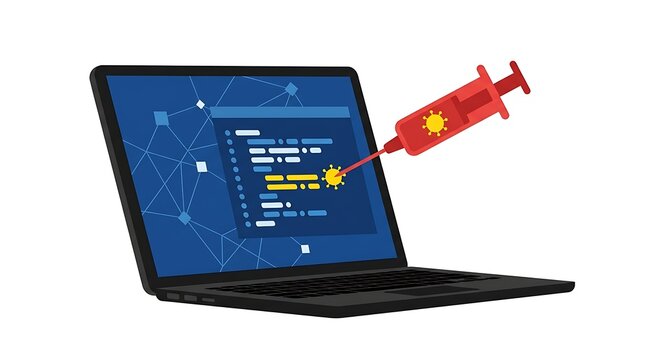 Abstract visualization of a cyberattack concept, showing a syringe injecting malicious code into a laptop's programming interface, symbolizing digital vulnerabilities and system compromise