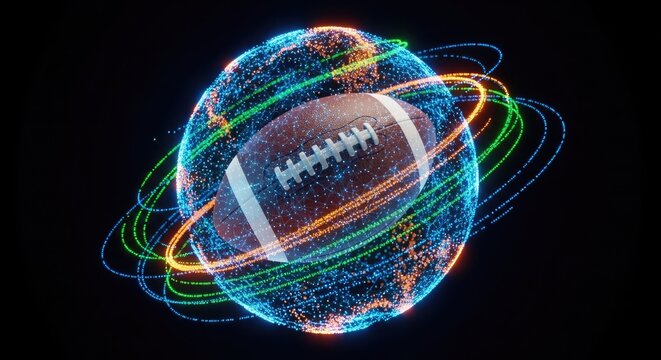 American football ball with glowing neon lines on black background