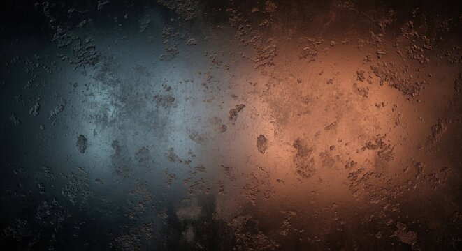 Rusty metal surface with blue and orange hues and textured background