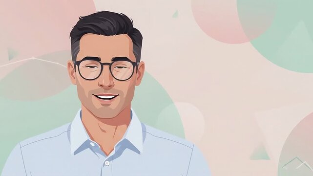 Animated professional man wearing glasses smiling and nodding against abstract pastel background