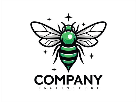 A green and black bee logo flies with sparkles around company tagline