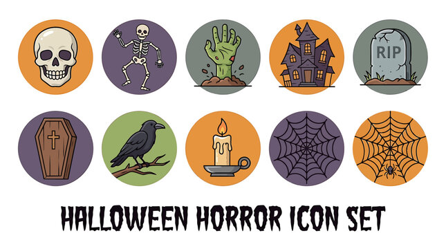 Collection of Circular Halloween Icons Featuring Spooky Themes and Horror Elements