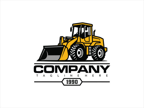A yellow wheel loader with a company logo drives forward on a road